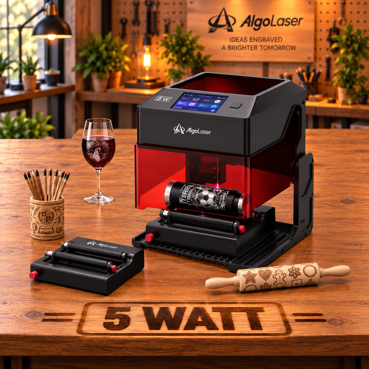 Laser Graveermachine 5W - Met RR3 Roller - Laser Cutter - 3.5 Inch Touchscreen - Werkgebied 100x100mm - Graveren - Display - Laser Snijmachine - Bedienbaar Met APP