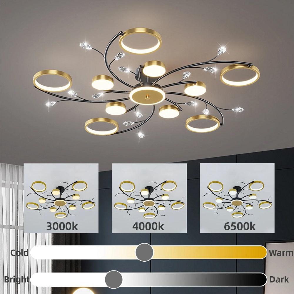 Moderne 10 Ringen LED Kroonluchter - Goud/Zwart - Dimbaar Met Afstandsbediening En App - Voor Woonkamer En Eetkamer