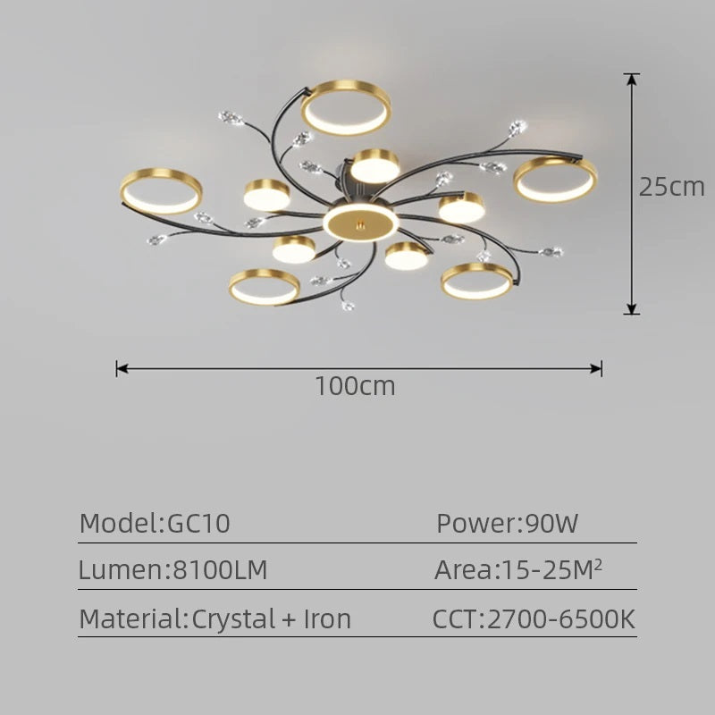 Moderne 10 Ringen LED Kroonluchter - Goud/Zwart - Dimbaar Met Afstandsbediening En App - Voor Woonkamer En Eetkamer