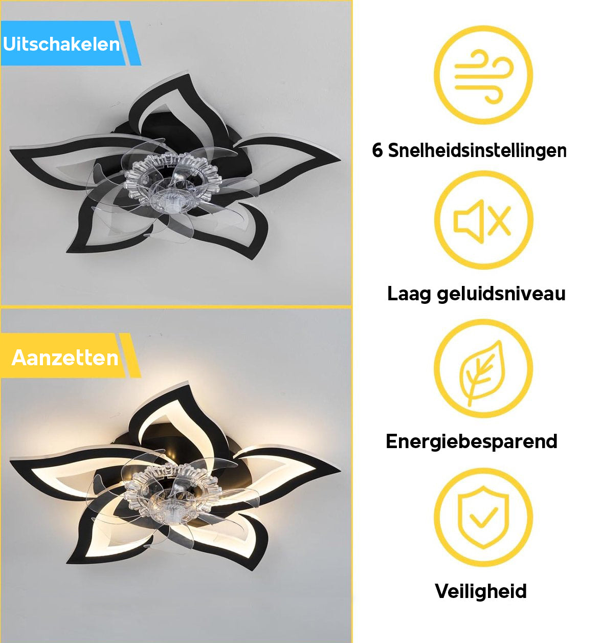 5 Lotus Ventilator Lamp - Plafondventilator - Zwart - Smart Lamp - Met Dimmer - 6 Standen Ventilator - Keuken Lamp - Woonkamerlamp - Moderne lamp