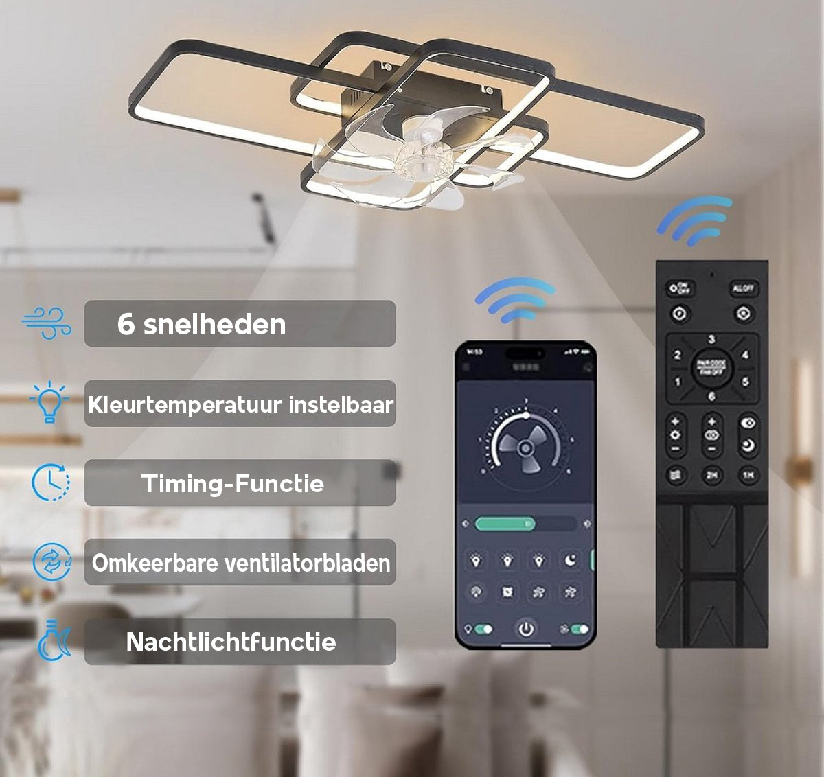 LuxiLamps - Moderne Smart Lamp Ventilator - Dimbaar - LED Plafond Ventilator - Zwart - Moderne Kroonluchter Ventilator - 72 cm - Woonkamerlamp