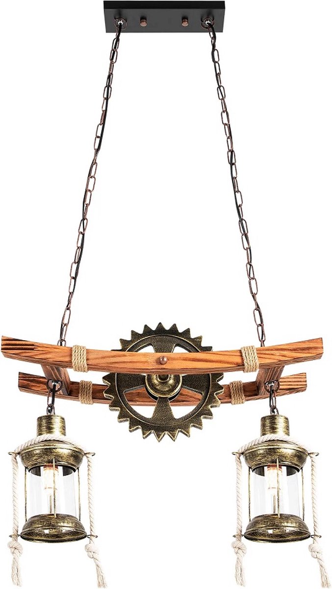 Vintage Tandwiel Hanglamp - 2 E27-Lichtpunten - Houtlook - Kettingophanging - Retro Kroonluchter Voor Woonkamer En Eetkamer