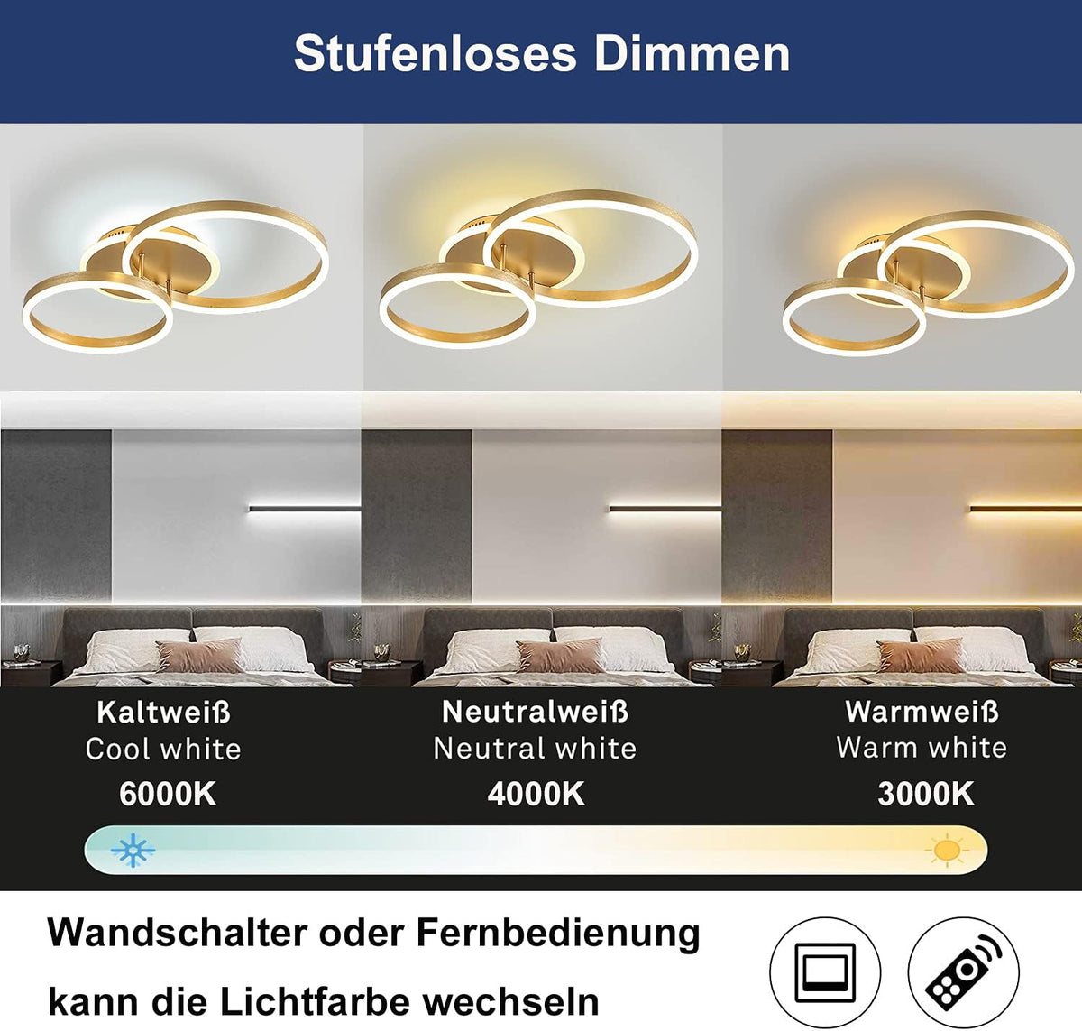 Gouden LED-plafondlamp met twee ringen - productfoto 3