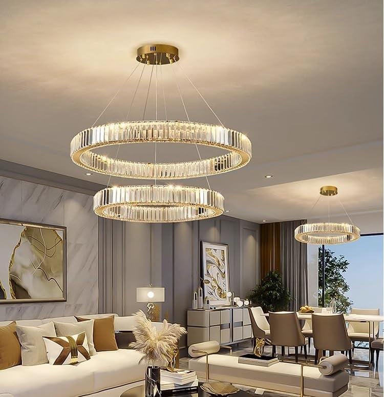 Gouden 2 Ringen Hanglamp - Grootste Ring Ø 55 cm - 2 Lagen - Hoogte Verstelbaar - Dimbaar - Luxe Kroonluchter Voor Eettafel En Woonkamer