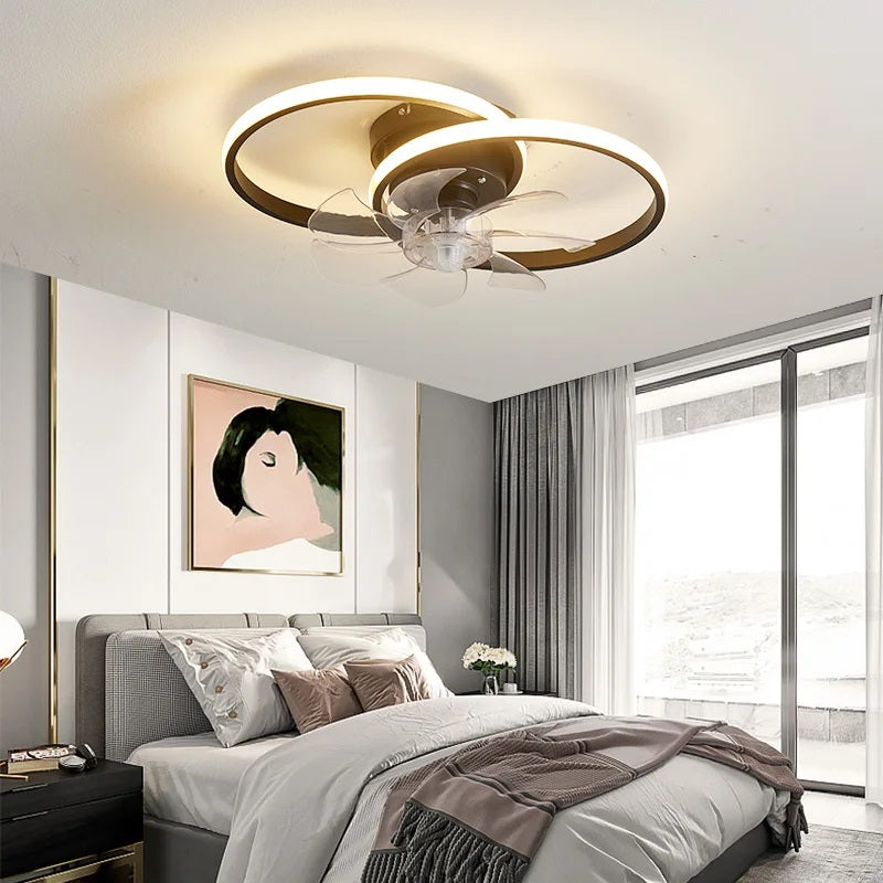 Moderne Ventilatorlamp Met LED - 2 Lichtringen - Zwart - Dimbaar - 6 Snelheden - Afstandsbediening En App