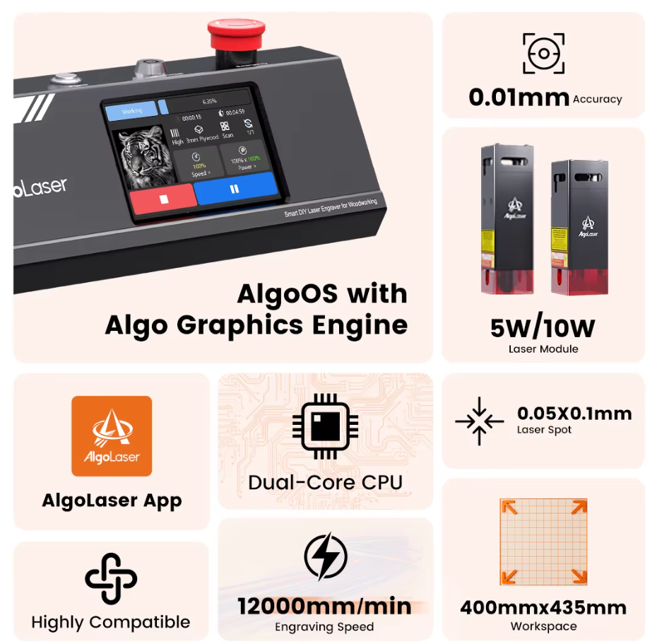 Laser Graveermachine 10W - 3.5 Inch Touchscreen - Laser Cutter - Met Roller - Laserprinter All In One - Graveren - Display - Zwart - Hout Acryl Laser Snijmachine - Bedienbaar Met APP