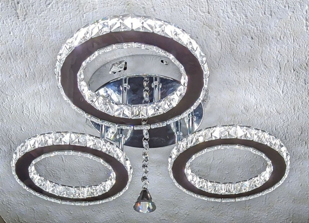 LuxiLamps - 3 Cirkel Chroom Kroonluchter - Dimbaar Met Afstandsbediening - Woonkamerlamp - LED Plafondlamp - Plafonniere - Crystal LED Lamp