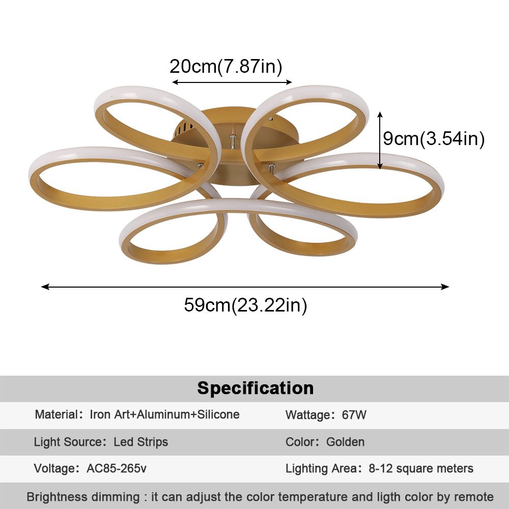 LuxiLamps - Curls Ceiling Lamp - Dimmable With Remote Control - Gold - 59 cm - Living room lamp - Bedroom lamp - Modern lamp - Ceiling lamp