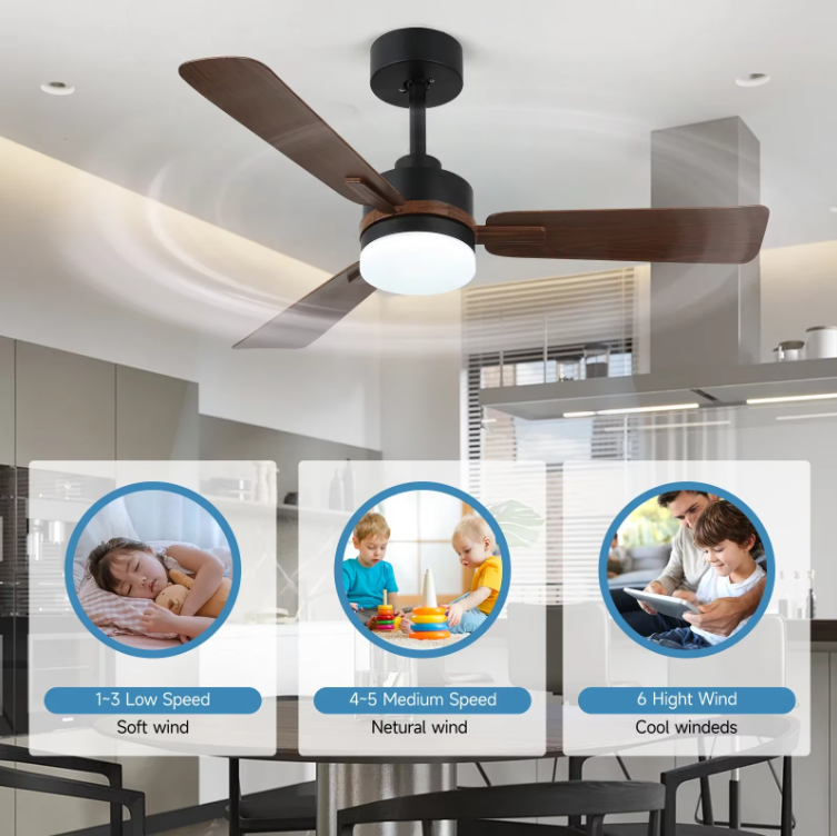 3-Blade Ceiling Fan - Modern LED Fan - 6 Speeds - Black/Brown - Remote Controlled - 105 cm