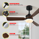 3-Blade Ceiling Fan - Modern LED Fan - 6 Speeds - Black/Brown - Remote Controlled - 105 cm