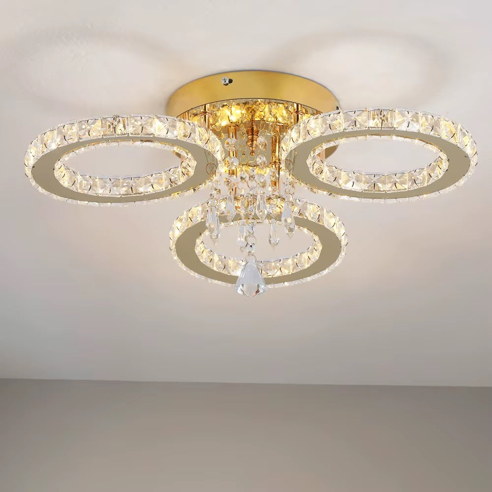 Gold 3 Circle Crystal LED Ceiling Light - Dimmable With Remote Control - 31 W - Modern Chandelier For The Living Room