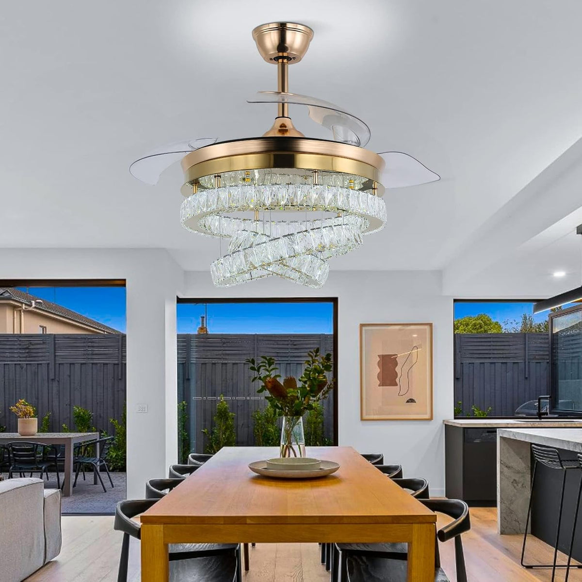 3 Ring Crystal Ceiling Fan Light - With Remote Control - Silent Fan - 106 cm - Gold - Timer - Living Room Fan Lamp - Modern Ceiling Fan Light - Chandelier Fan