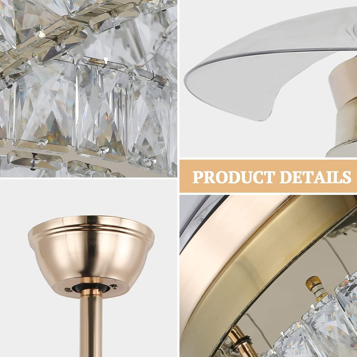 3 Ring Crystal Ceiling Fan Light - With Remote Control - Silent Fan - 106 cm - Gold - Timer - Living Room Fan Lamp - Modern Ceiling Fan Light - Chandelier Fan