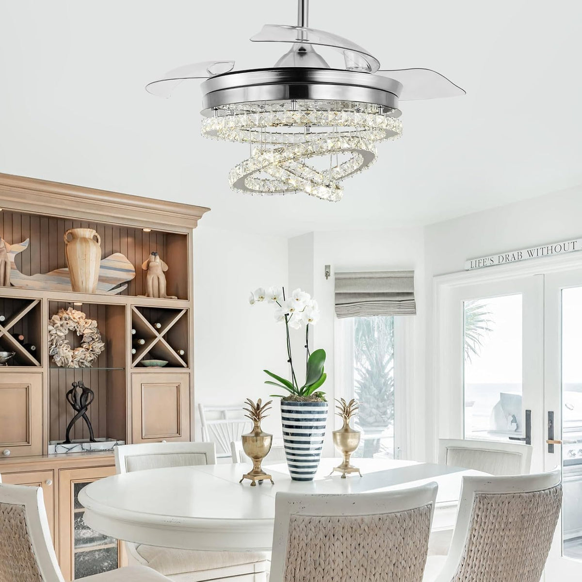3 Ring Crystal Ceiling Fan Light - With Remote Control - Silent Fan - 106 cm - Chrome - Timer - Living Room Fan Lamp - Modern Ceiling Fan Light - Chandelier Fan