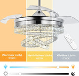 3 Ring Crystal Ceiling Fan Light - With Remote Control - Silent Fan - 106 cm - Chrome - Timer - Living Room Fan Lamp - Modern Ceiling Fan Light - Chandelier Fan