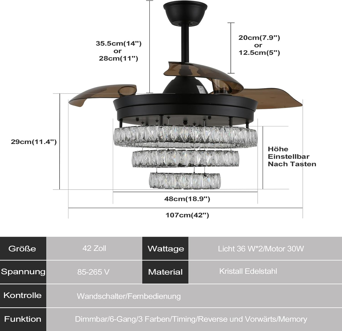 3 Ring Crystal Fan Lamp - With Remote Control - Silent Fan - 106 cm - Black - Timer - Living Room Fan Lamp - Modern Ceiling Fan Lamp - Chandelier Fan