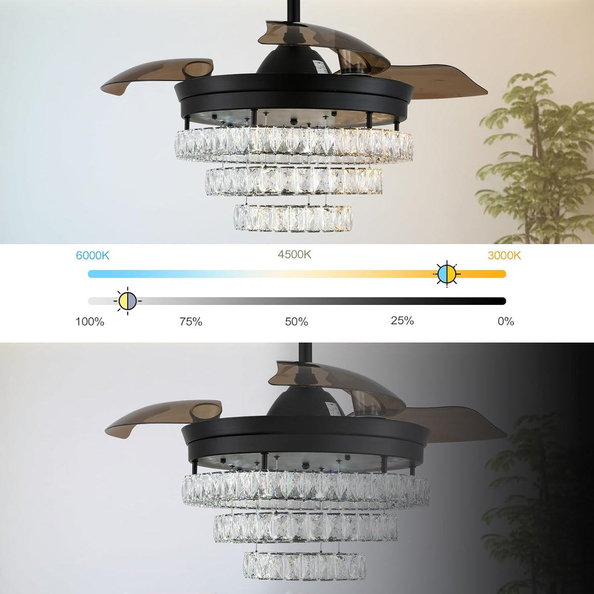 3 Ring Crystal Fan Lamp - With Remote Control - Silent Fan - 106 cm - Black - Timer - Living Room Fan Lamp - Modern Ceiling Fan Lamp - Chandelier Fan