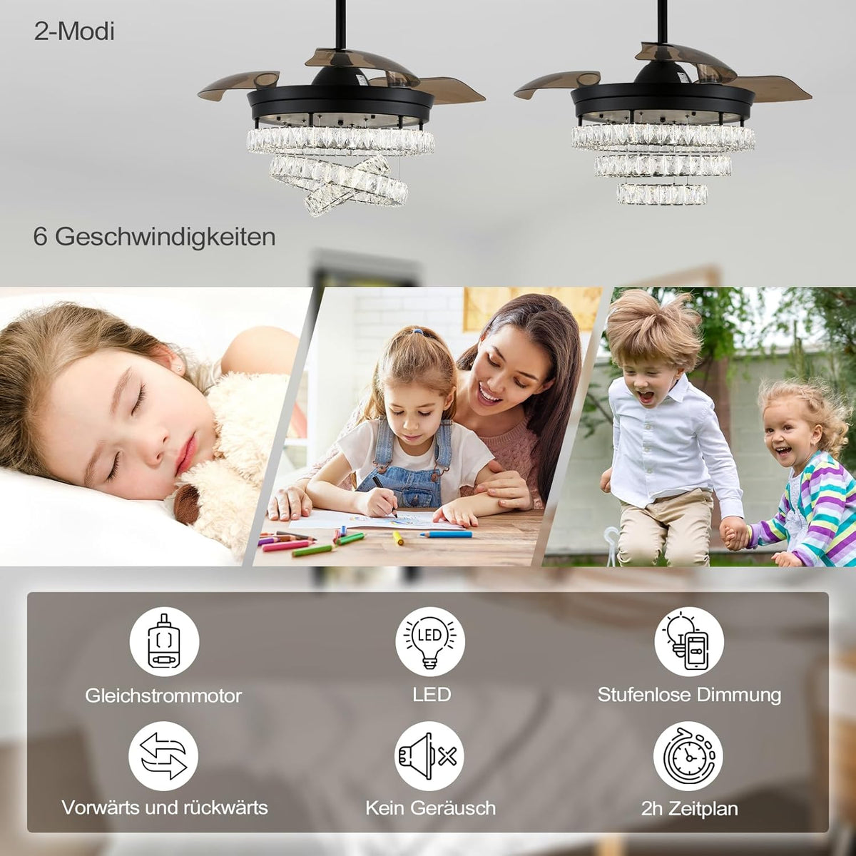 3 Ring Crystal Fan Lamp - With Remote Control - Silent Fan - 106 cm - Black - Timer - Living Room Fan Lamp - Modern Ceiling Fan Lamp - Chandelier Fan