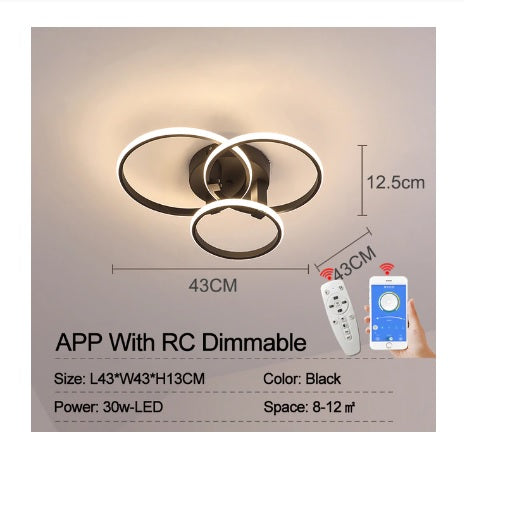 Moderne 3 Ringen LED Plafondlamp - Zwart - Dimbaar Met Afstandsbediening En App - Voor Woonkamer En Eetkamer - Plafonnière