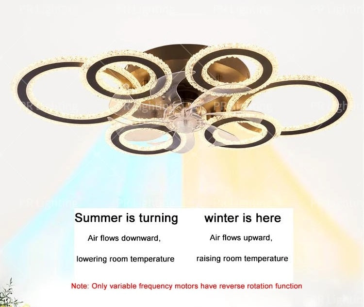 6 Ringen Kristallen Plafondventilator - Zwart - 6 Snelheden - Smart lamp - Dimbaar Met Afstandsbediening & APP - Moderne Cirkel Ventilator Licht - Crystal Kroonluchter Ventilator