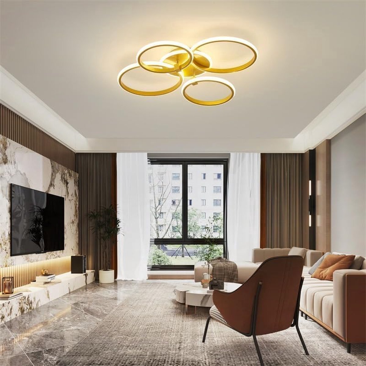Modern 4 Ring LED Ceiling Light - Gold - Dimmable With Remote Control And App - For Living And Dining Room - Ceiling Fixture