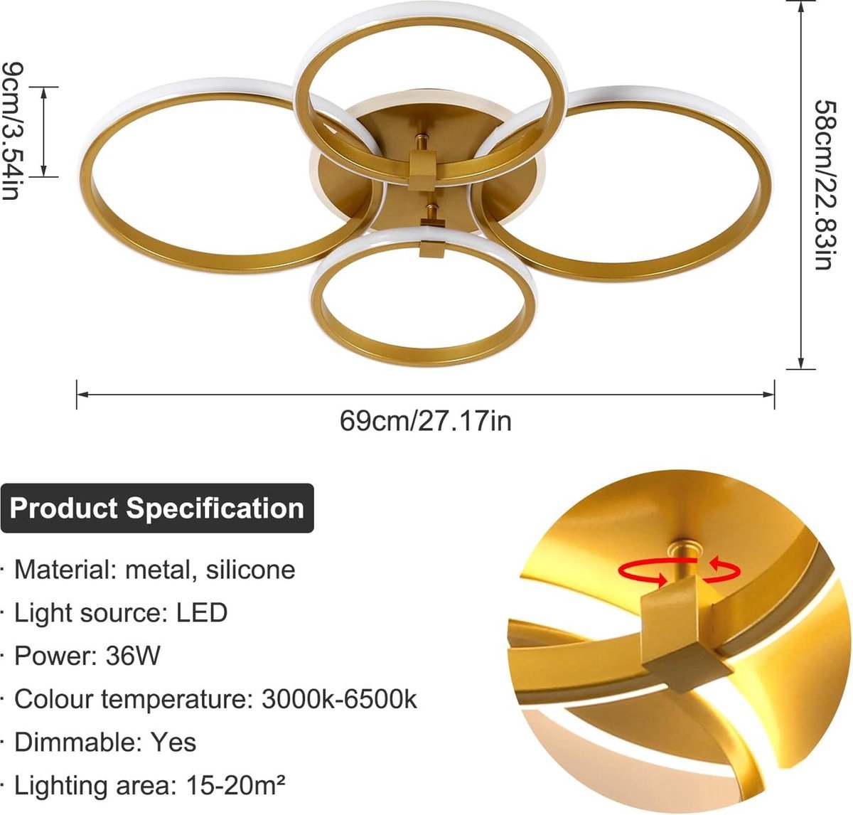 Modern 4 Ring LED Ceiling Light - Gold - Dimmable With Remote Control And App - For Living And Dining Room - Ceiling Fixture