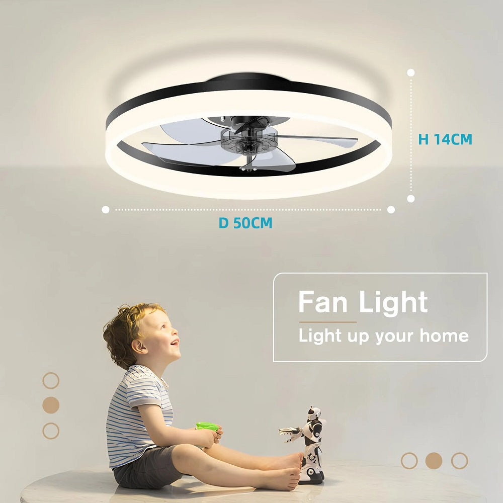 2 Rings Fan Lamp - Ceiling Fan - Black - Smart Lamp - With Dimmer - 6 Speed Fan - Kitchen Lamp