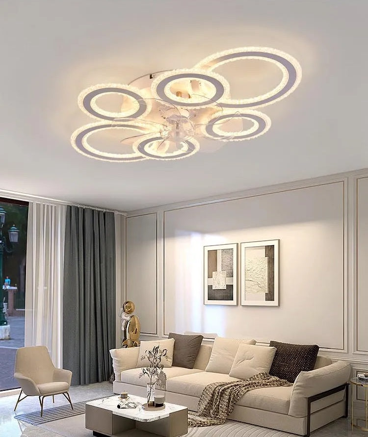 6 Ringen Kristallen Plafondventilator - Wit - 6 Snelheden - Smart lamp - Dimbaar Met Afstandsbediening & APP - Moderne Cirkel Ventilator Licht - Crystal Kroonluchter Ventilator