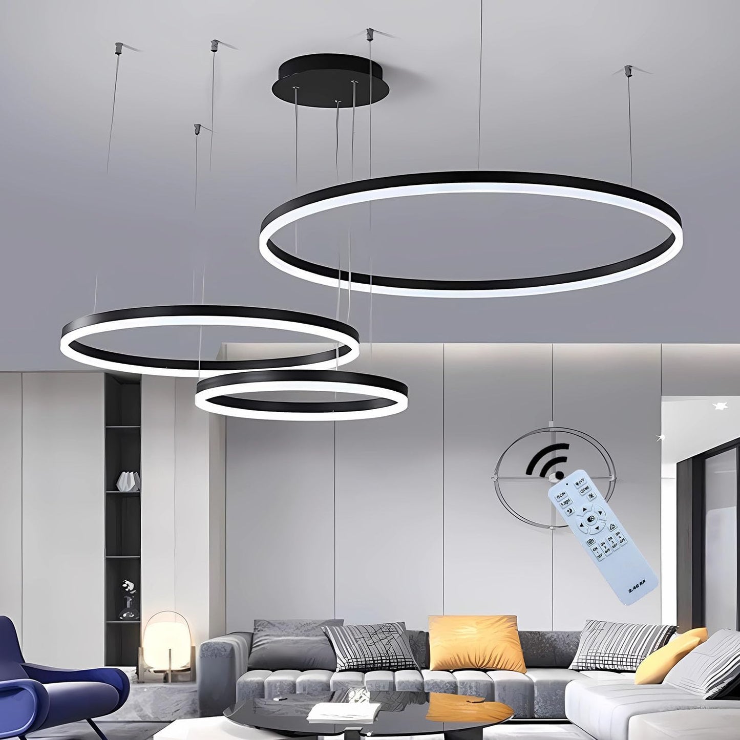 3 Ringen - Hanglamp - Kroonluchter - Zwart - Dimbaar met afstandsbediening
