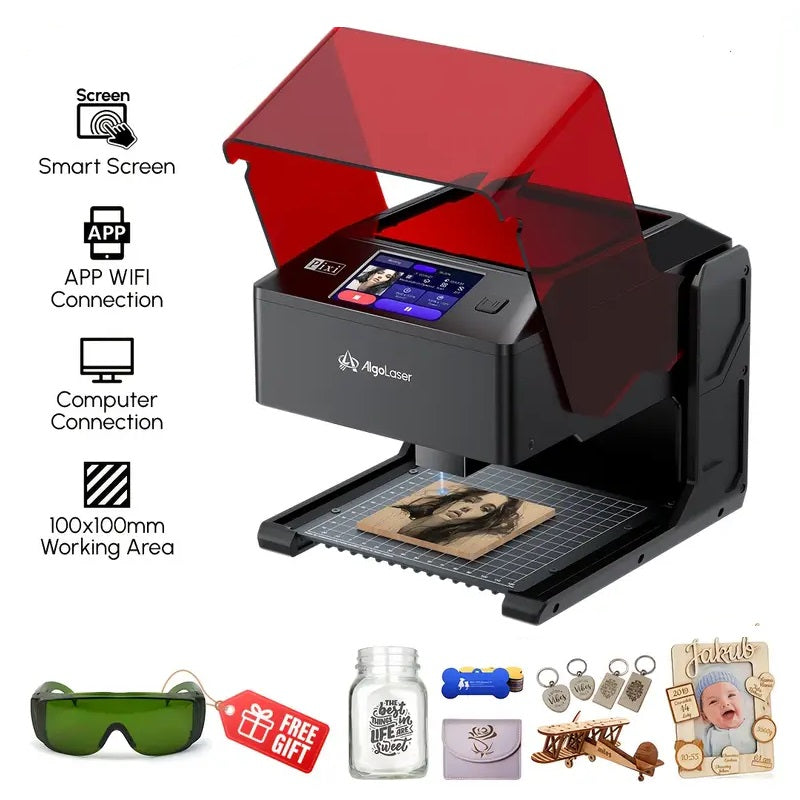 Laser Graveermachine Pixi 5W - 3.5 Inch Touchscreen - Laser Cutter - Laserprinter All In One - Graveren - Display - Zwart/Rood - Laser Snijmachine - Bedienbaar Met APP