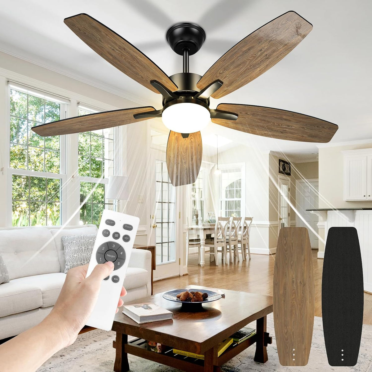 5-Blade Ceiling Fan - Modern LED Fan - 6 Speeds - Reversible Blades - Black or Brown - Remote Control - 107 cm
