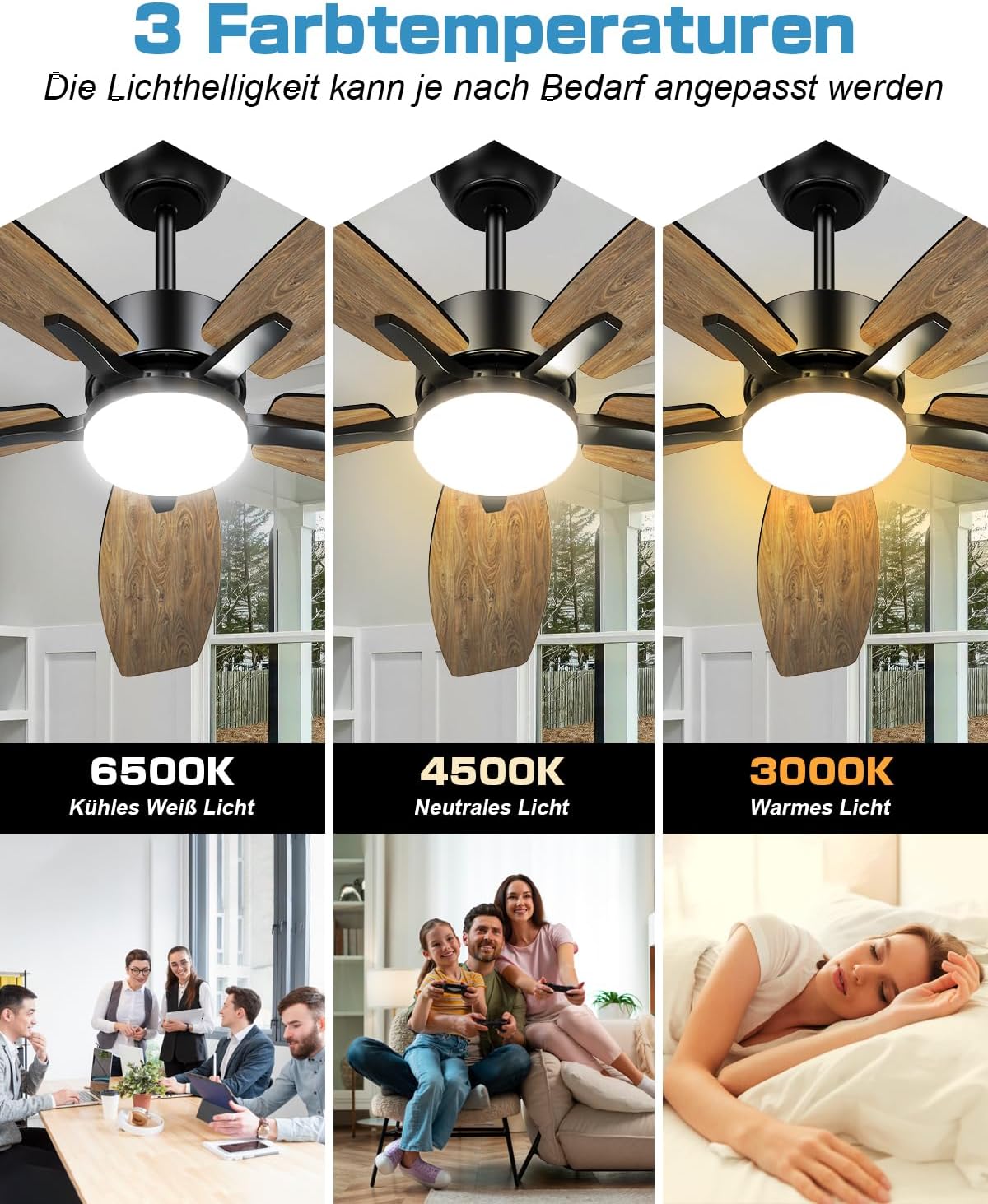 5-Blade Ceiling Fan - Modern LED Fan - 6 Speeds - Reversible Blades - Black or Brown - Remote Control - 107 cm