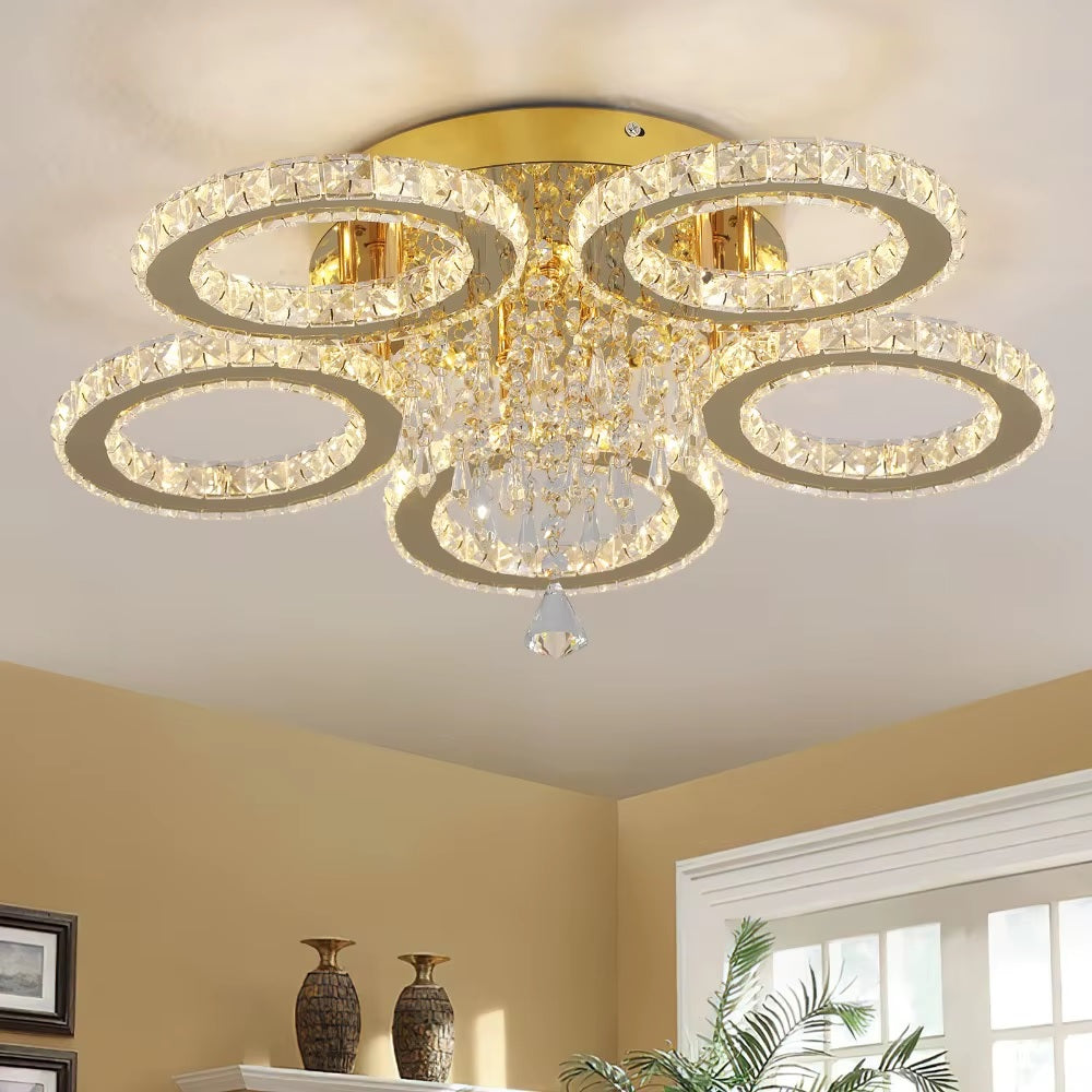 Gold 5 Circle Crystal LED Ceiling Light - Dimmable With Remote Control - 50 W - Modern Chandelier For The Living Room