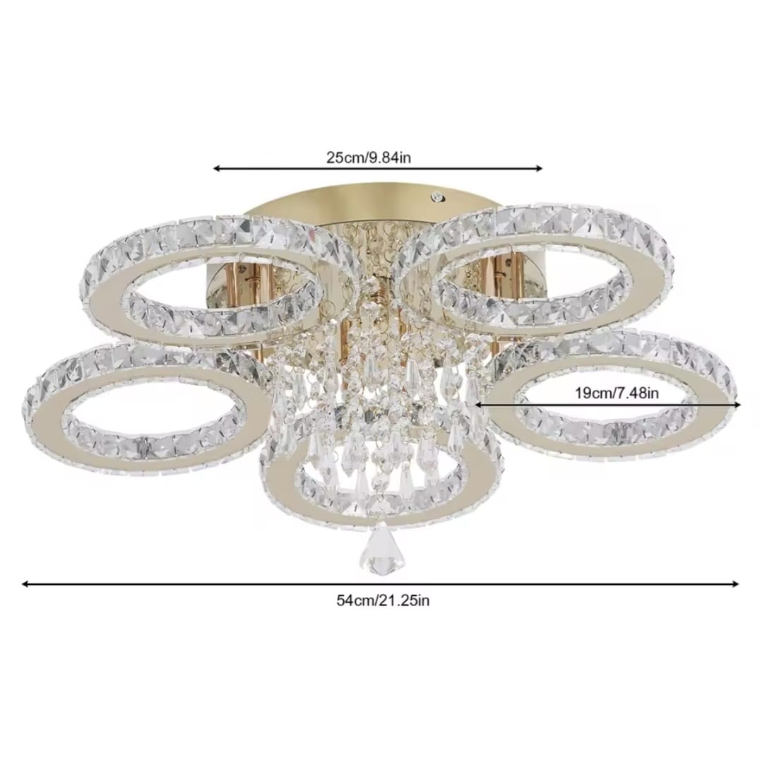 Gold 5 Circle Crystal LED Ceiling Light - Dimmable With Remote Control - 50 W - Modern Chandelier For The Living Room