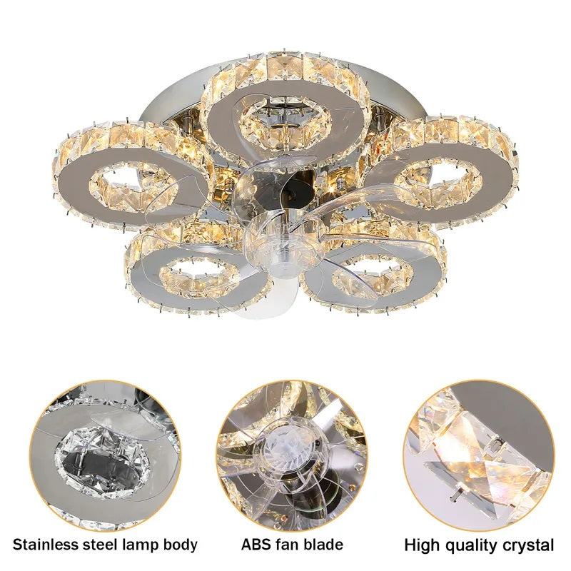 5 Ringen Crystal Plafondlamp - Plafondventilator - Smart Lamp - Met Dimmer - 6 Standen Ventilator
