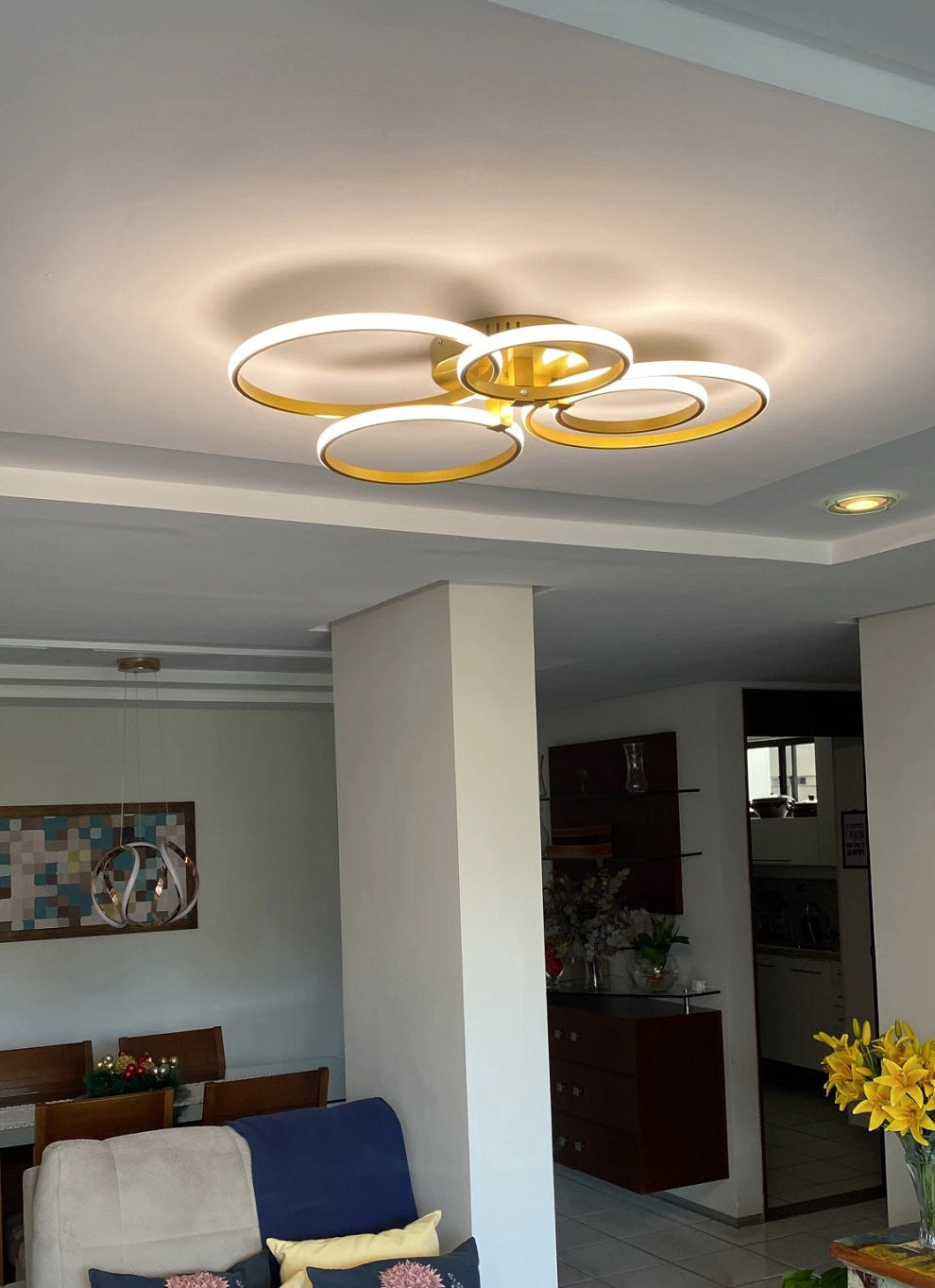5 Ring Plafondlamp Goud - Met Afstandsbediening - Smart lamp - Dimbaar Met App - Woonkamerlamp - Moderne lamp - Plafoniere