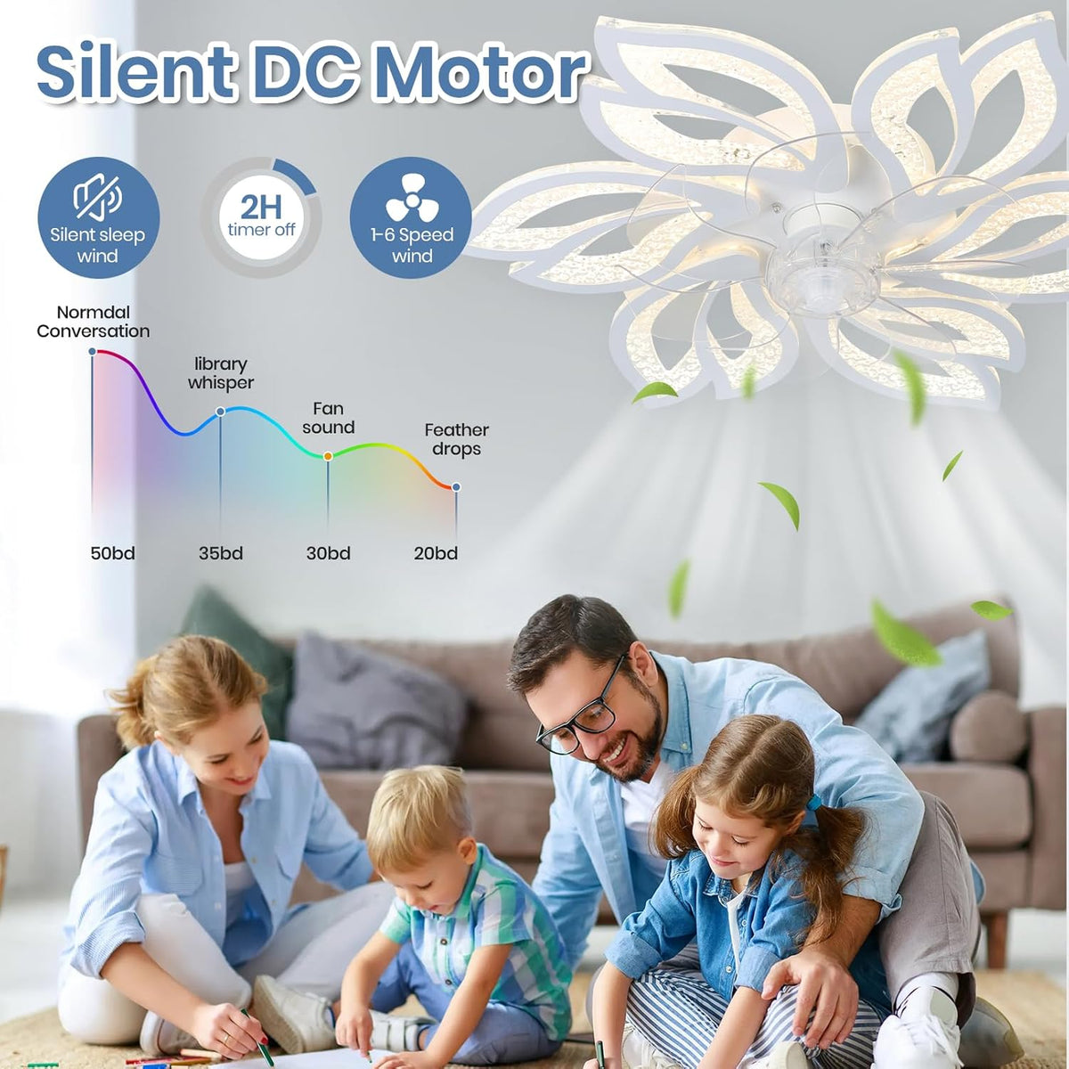 6 Bloem Crystal Ventilator Lamp - Plafondventilator - Wit - 6 Standen - Smart Lamp - Dimbaar - Kroonluchter Ventilator - Chandelier Fan - Woonkamerlamp - Ventilator Lampen