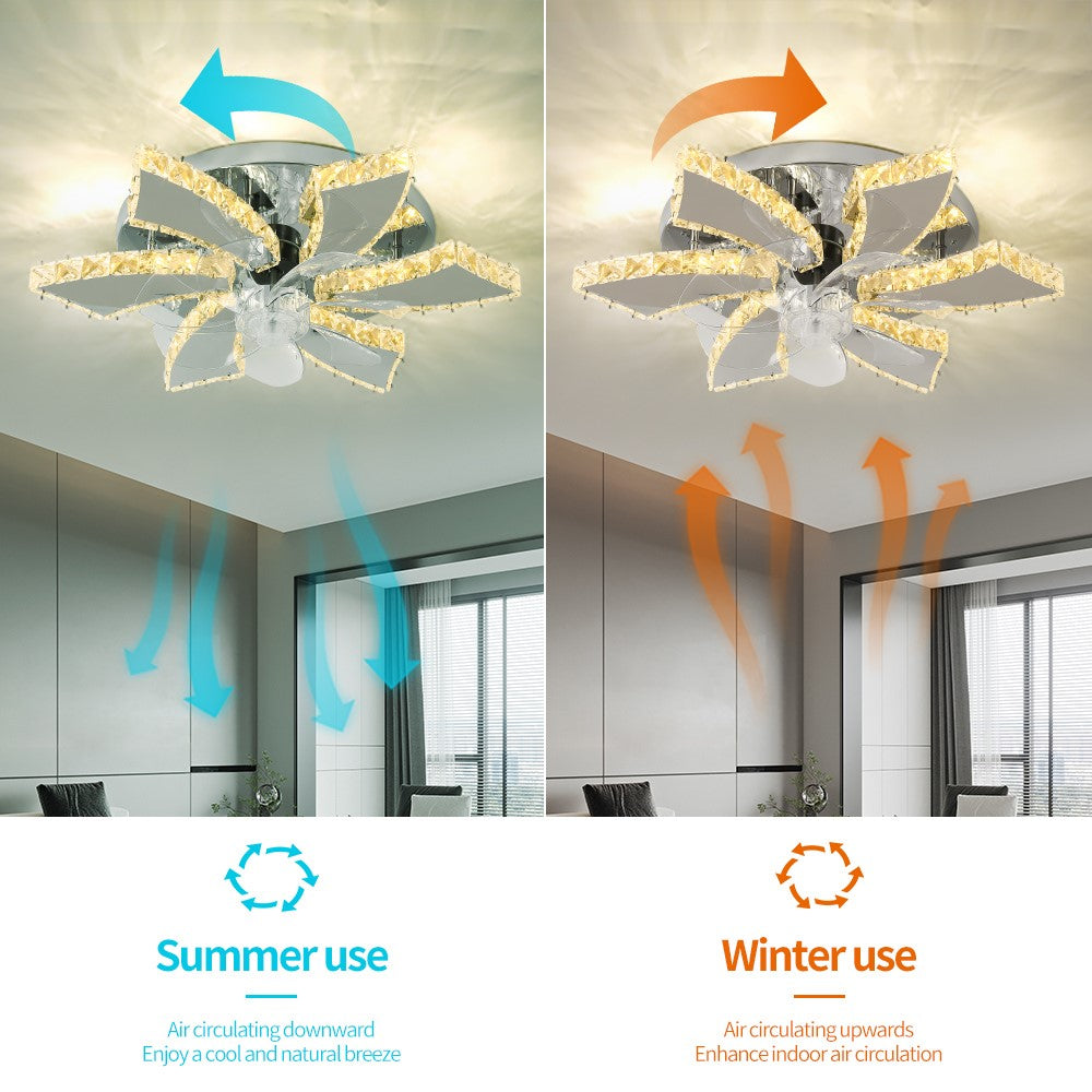 Lotus Ventilatorlamp Met LED - 6 Lichtarmen - Chroomkleurig - Kristalaccent - Dimbaar - 3 Snelheden - Afstandsbediening En App