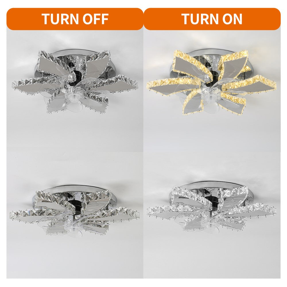 Lotus Ventilatorlamp Met LED - 6 Lichtarmen - Chroomkleurig - Kristalaccent - Dimbaar - 3 Snelheden - Afstandsbediening En App