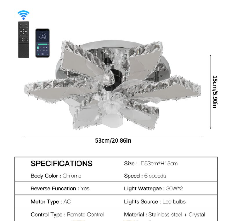 Lotus Ventilatorlamp Met LED - 6 Lichtarmen - Chroomkleurig - Kristalaccent - Dimbaar - 3 Snelheden - Afstandsbediening En App