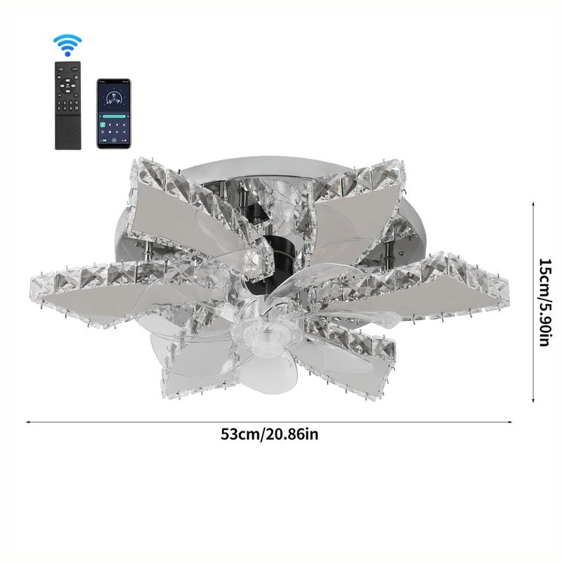 Lotus Ventilatorlamp Met LED - 6 Lichtarmen - Chroomkleurig - Kristalaccent - Dimbaar - 3 Snelheden - Afstandsbediening En App