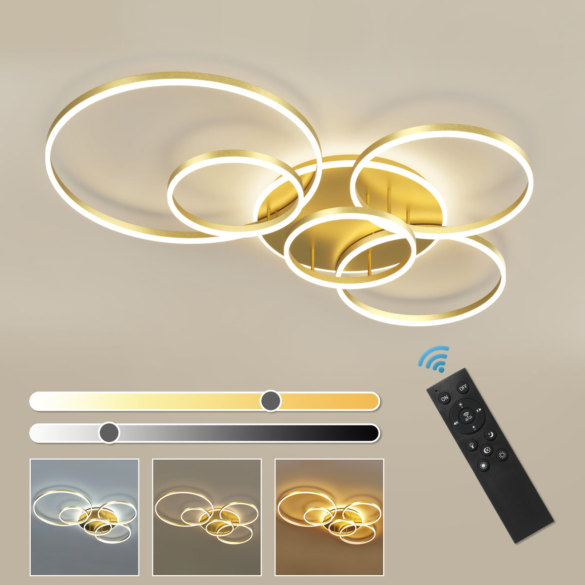 Modern LED Ceiling Light With 6 Light Rings - Gold - Dimmable With Remote Control - For Living And Dining Room - Ceiling Fixture