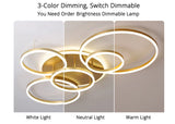 Modern LED Ceiling Light With 6 Light Rings - Gold - Dimmable With Remote Control - For Living And Dining Room - Ceiling Fixture
