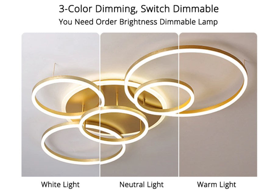 Modern LED Ceiling Light With 6 Light Rings - Gold - Dimmable With Remote Control - For Living And Dining Room - Ceiling Fixture