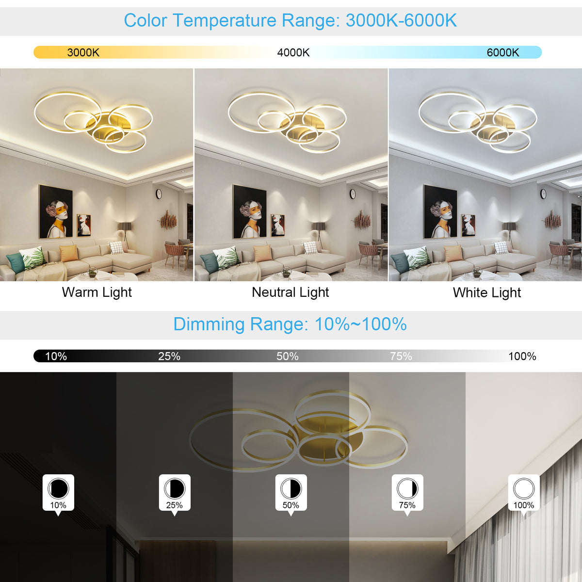 Modern LED Ceiling Light With 6 Light Rings - Black - Dimmable With Remote Control - For Living And Dining Room - Ceiling Fixture