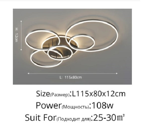 Modern LED Ceiling Light With 6 Light Rings - Black - Dimmable With Remote Control - For Living And Dining Room - Ceiling Fixture
