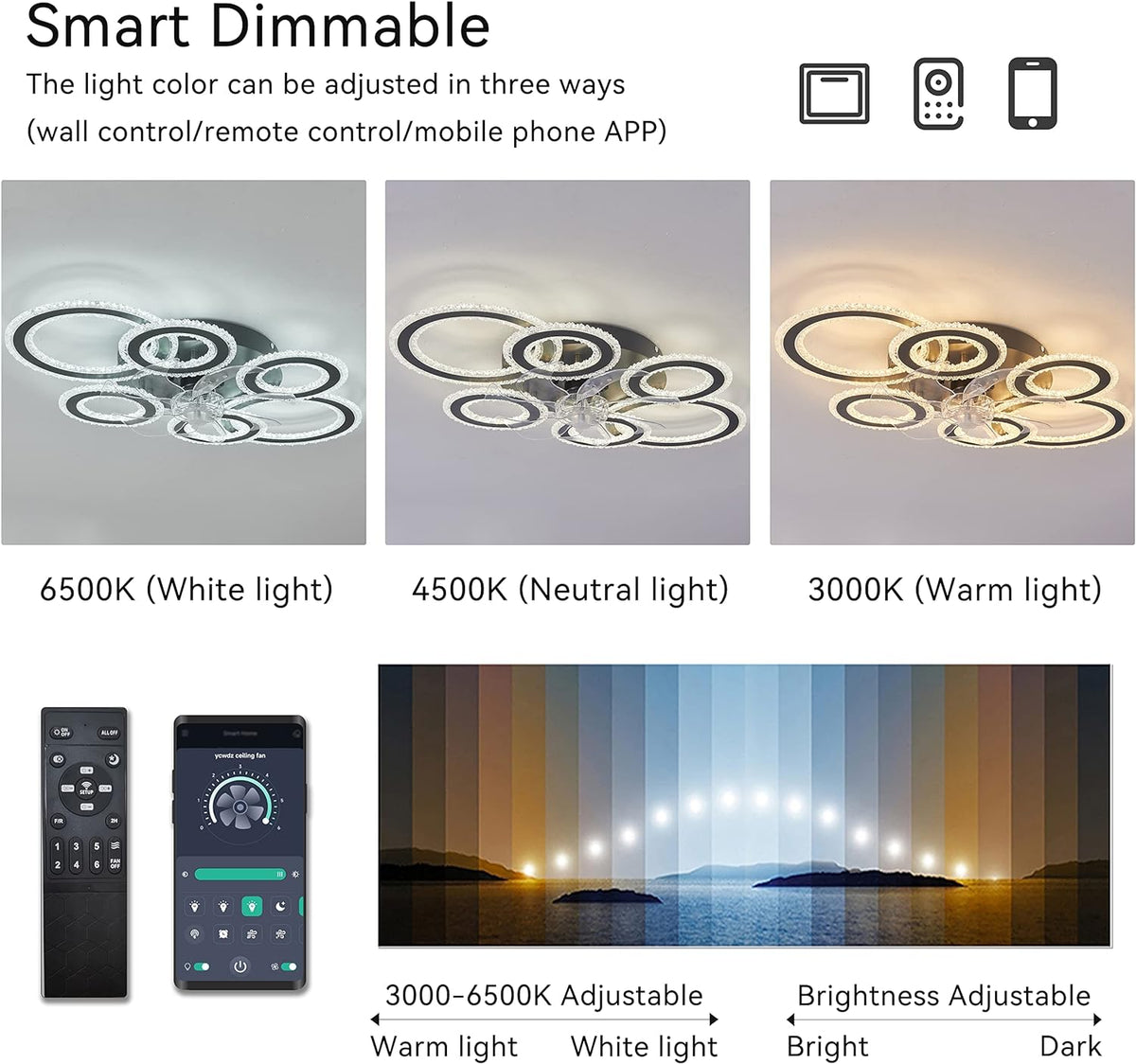 6 Ringen Kristallen Plafondventilator - Zwart - 6 Snelheden - Smart lamp - Dimbaar Met Afstandsbediening & APP - Moderne Cirkel Ventilator Licht - Crystal Kroonluchter Ventilator