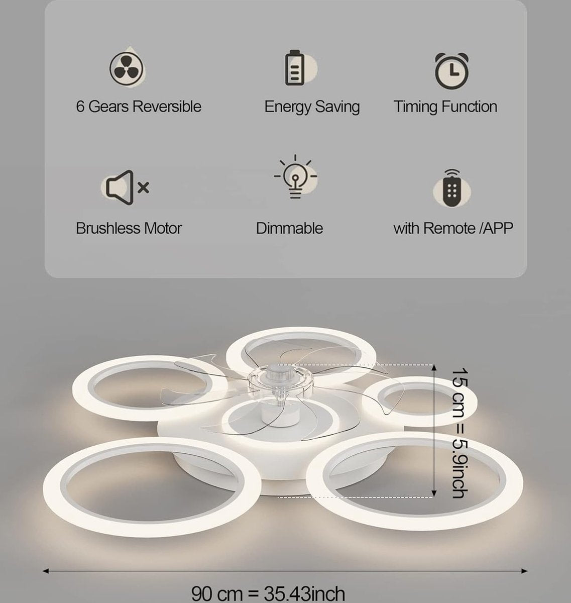 6 Ringen Plafondventilator - Wit - 6 Snelheden - Dimbaar Met Afstandsbediening en APP - Moderne Cirkel Ventilator Licht