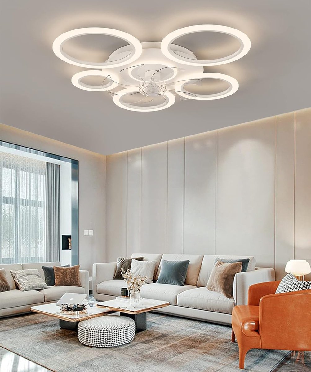 6 Ringen Plafondventilator - Wit - 6 Snelheden - Dimbaar Met Afstandsbediening en APP - Moderne Cirkel Ventilator Licht