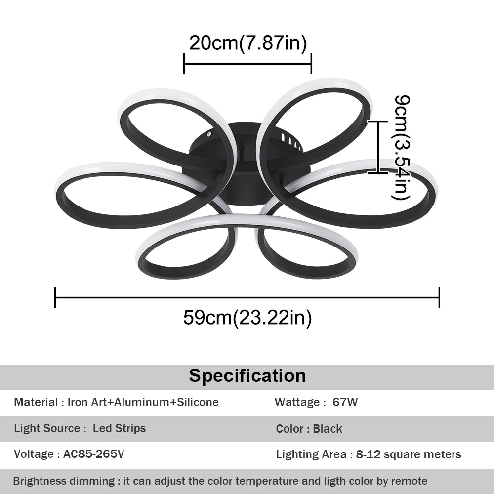 LuxiLamps - Curls Ceiling Lamp - Dimmable With Remote Control - Black - 59 cm - Living room lamp - Bedroom lamp - Modern lamp - Ceiling lamp